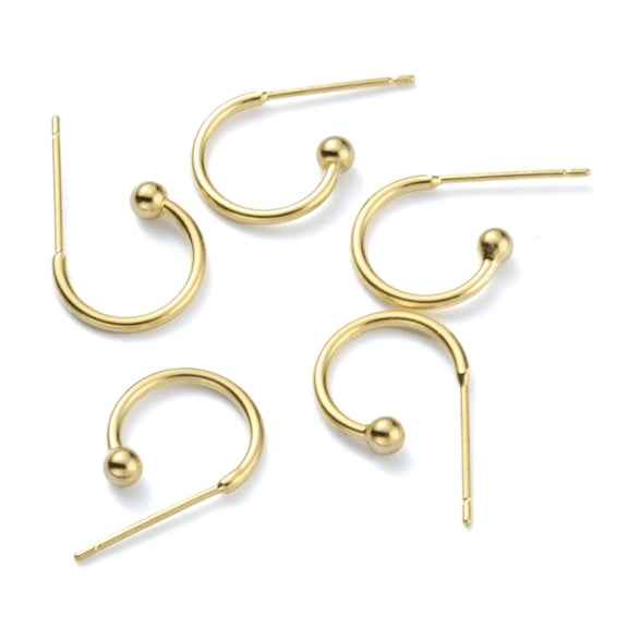 Brass C-shaped Hoop Circle Ball Stud Earrings Real 24K Gold Plated 12x18x2.8mm Pin: 0.8mm