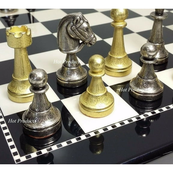 Brass CLASSIC Metal GOLD SILVER COLOR STAUNTON Chess Set 15" Black White Board