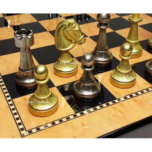 Brass CLASSIC Metal Gold Silver Color Staunton Chess Set 15" Walnut Color Board