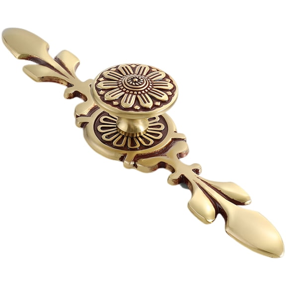 Brass Cabinet Door Handle, 6.7 in Antique Brass Finish, European Vintage Flower Pattern Pull Knob, Solid Base Drawer Hardware for Cupboard, Shoe Cabinet, Wardrobe, Dresser, 3.5 oz