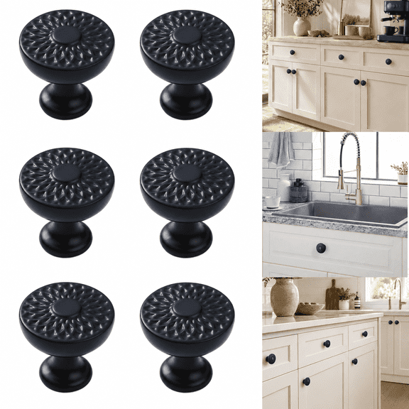 Cabinet Knobs, 6 Pack Vintage Black Drawer Knobs, Round Decorative Dresser Pull Knobs, Antique Metal Cabinet Door Hardware for Kitchen Cupboard, Bathroom Vanity, Closet Wardrobe