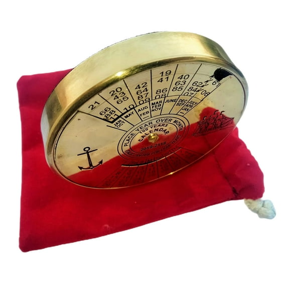 Brass Calendar Collectible 100Yrs Paper Weight With Red Fabric Pouch Bag Table Decor Gift