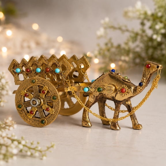 Brass Camel Cart Showpiece, Gemstone Rajasthani Decor, Movable Wheels