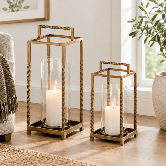 Brass Candle Holders Set 2, 6.4"x15.7" 5.3"x13" Modern Metal Lanterns for Ambient Lighting