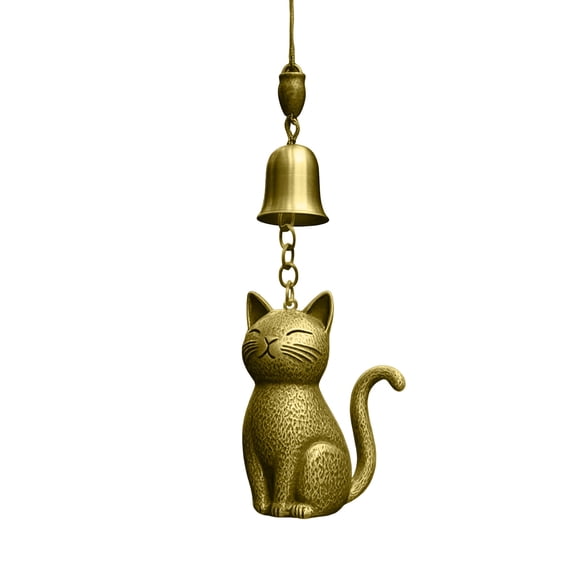 Brass Cat Wind Chimes with Bell, Metal Hanging Door Ornament for Home Garden Yard Patio Decoration, Vintage Style Animal Art Sculpture Pendant