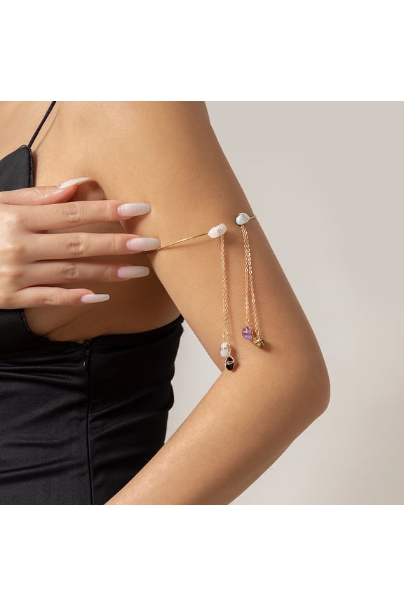 Brass Chain Arm Cuff Bangles with Natural Gemstone Charms for Women Green 3-1/2 inch(9cm)