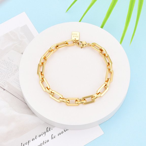 Brass Chain Bracelets Rectangle Link Chain Bracelets for Women with Good Luck Stamp Nickel Free Real 18K golden Plated 8-1/8 inch(20.5cm) Brass