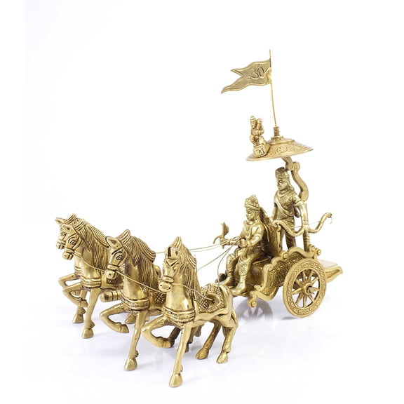 Brass Chariot With Krishna & Arjuna/Krishna Arjuna Rath With Vijay Pataka And Lord Hanuman Sitting