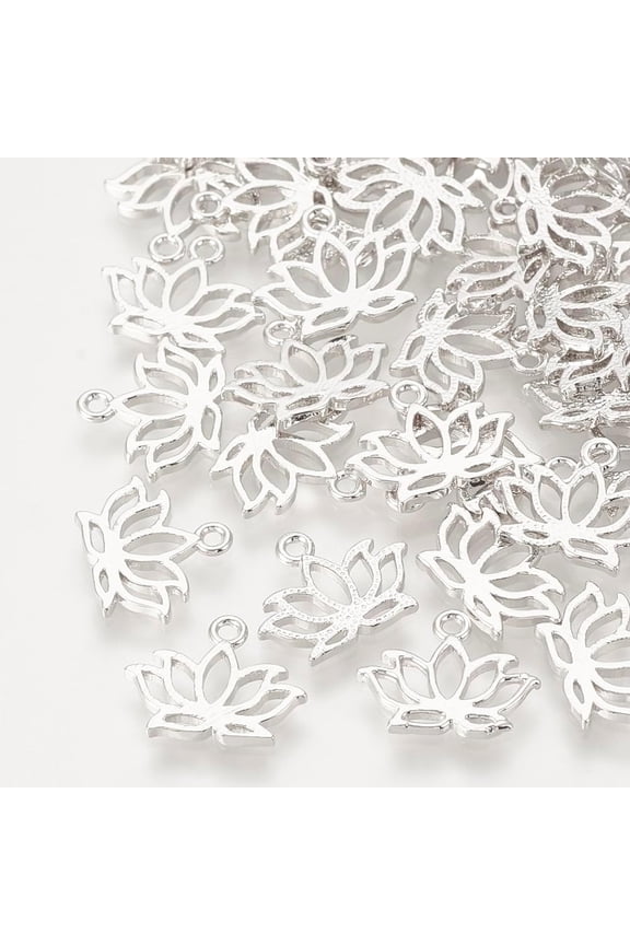 Brass Charms Cut-Out Nickel Free Real Platinum Plated Lotus 10x12x1mm Hole: 1mm