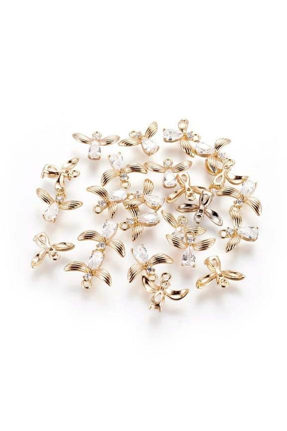 Brass Charms with Cubic Zirconia Fly Nickel Free Real 18K Gold Plated 9.5x12x3mm Hole: 1mm