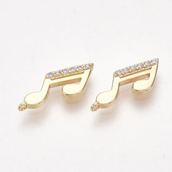 Brass Charms with Cubic Zirconia Musical Note Clear Nickel Free Real 18K Gold Plated 5.5x13x1.5mm Hole: 0.8mm