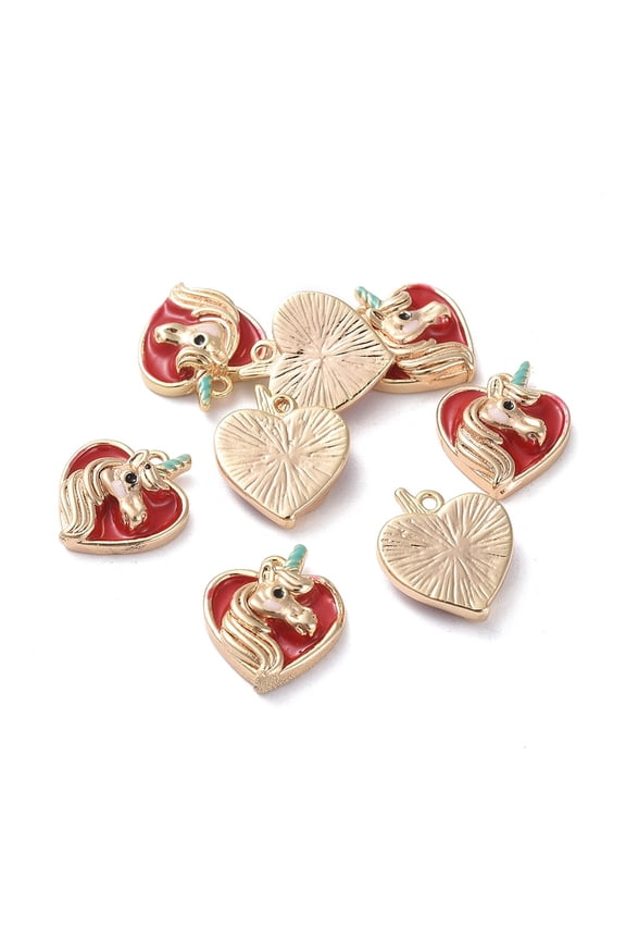 Brass Charms with Enamel Heart with Unicorn Real 18K golden Plated Red 13.2x11.3x3.4mm Hole: 1mm