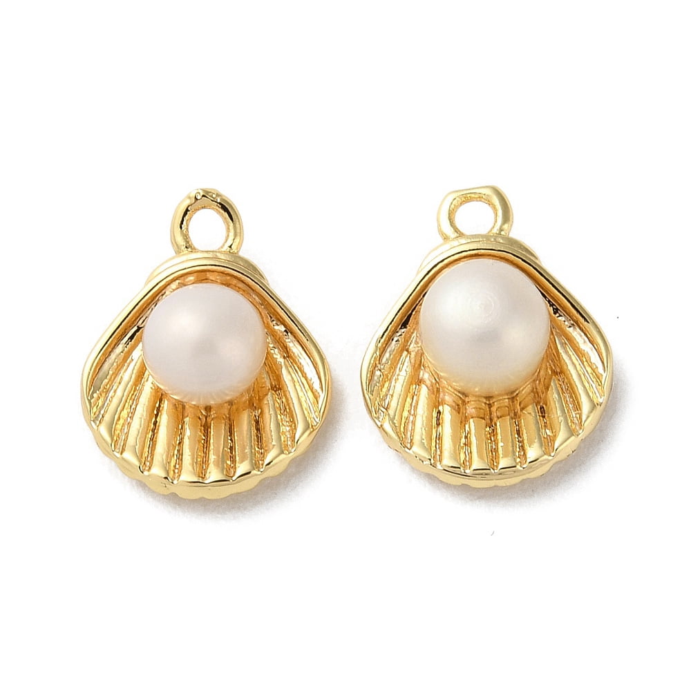 Brass Charms with Imitation Pearl Beads Shell Shape Charms Real 18K Gold Plated 10.5x8.5x4.5mm Hole: 1mm