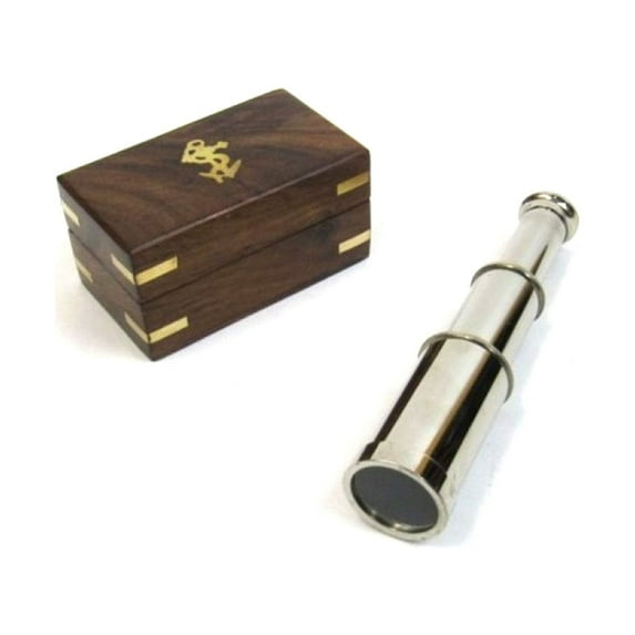 Brass & Chrome Pullout Telescope 6.25" w/ Wooden Box