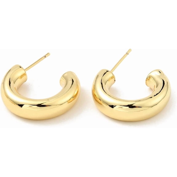 Brass Chunky C-shape Stud Earrings Half Hoop Earrings for Women Cadmium Free Nickel Free Lead Free Real 18K Gold Plated 16.5x20x5mm Pin: 0.7mm