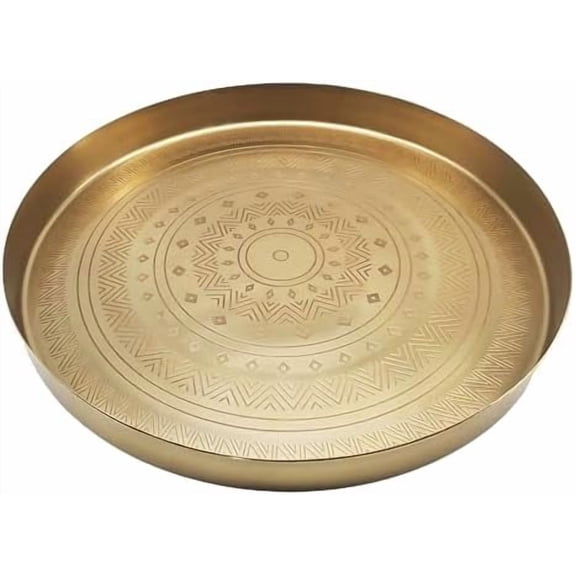 Brass Circular Tray with Etched Design Tribal Geometric Bohemian Design - Gold Large Round Serving Dish Platter, Coffee Table Decorative Tray - Boho Home Decor or Kitchen Decor
