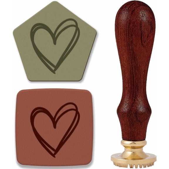 Brass Clay Seal Stamp Set 1Pc Golden Tone Sealing Stamp Solid Brass Head with 1Pc Wood Handle For Unique Imprints on Ceramics and Other Soft Materials Heart 75mm head: 12mm thick stamps: 25.4mm