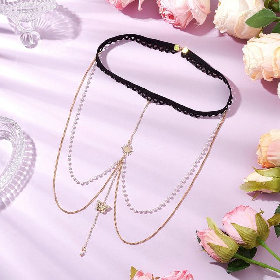 Brass Clear Cubic Zirconia Layered Sun Butterfly Tassel Thigh Leg Chains Black Elastic Stretch Body Jewelry for Women Golden 360mm