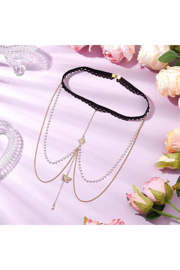 Brass Clear Cubic Zirconia Layered Sun Butterfly Tassel Thigh Leg Chains Black Elastic Stretch Body Jewelry for Women Golden 360mm