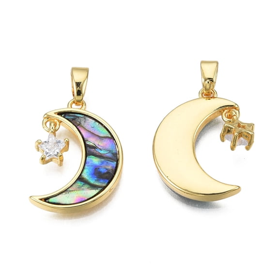 Brass Clear Cubic Zirconia Pendants with Synthetic Abalone Shell/Paua Shells Moon with Star Charms Real 18K Gold Plated Nickel Free Colorful 19x13x2mm Hole: 2.5x5mm