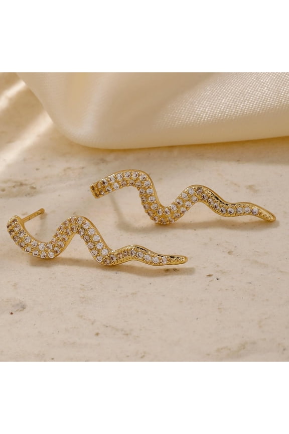 Brass Clear Cubic Zirconia Snake Stud Earrings Golden 31x8mm Fashion Jewelry for Women Stylish Lightweight Earrings