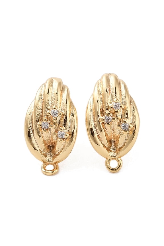 Brass with Clear Cubic Zirconia Stud Earring Findings Cadmium Free & Nickel Free & Lead Free Leaf Real 18K golden Plated 15x8mm Hole: 1mm Pin: 0.7x12mm