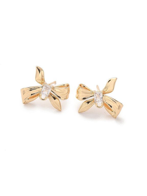 Brass Clear Cubic Zirconia Stud Earrings Finding for Women with Loop Bowknot Real 14K Gold Plated 15x18mm Hole: 1.4mm Pin: 12x0.7mm