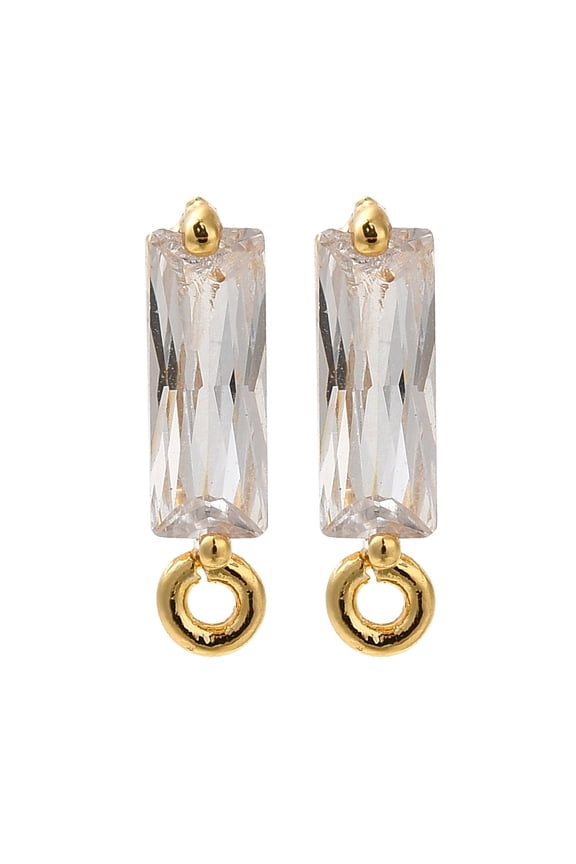 Brass Clear Cubic Zirconia Stud Earrings Finding for Women with Loop Rectangle Real 18K Gold Plated 12x3mm Hole: 1mm Pin: 0.7mm