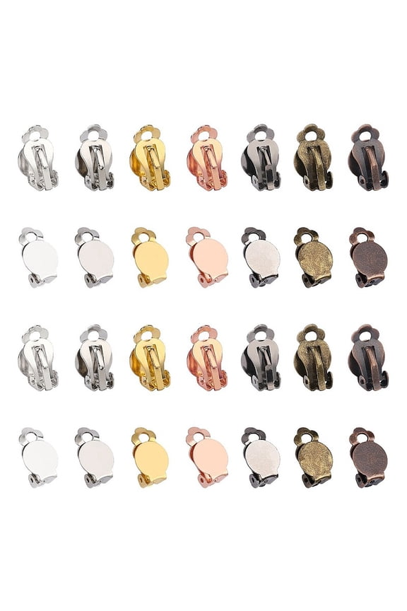 Brass Clip-on Earring Settings with Round Flat Pad Mixed Color 15x10x7mm Tray: 10mm 42pcs/box for DIY