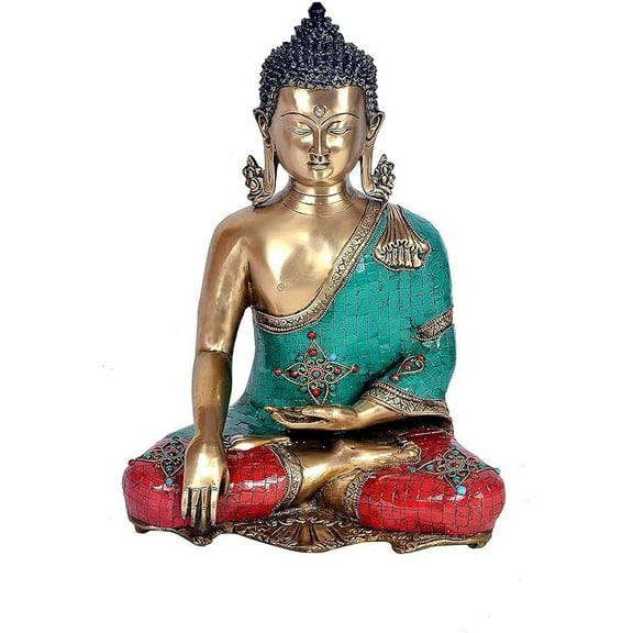 Brass Colorful Stone Work Meditating Buddha Statue Idol Home Decor/Gift Item