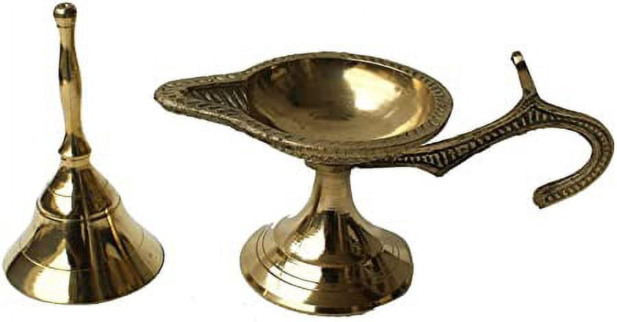 Brass Combo of Plain Hand Bell/Ghanti And Oil Lamp/Diya For Pooja (Approx. Bell Size 10 cm, Oil Lamp 10 x 5 x 5 Cm)