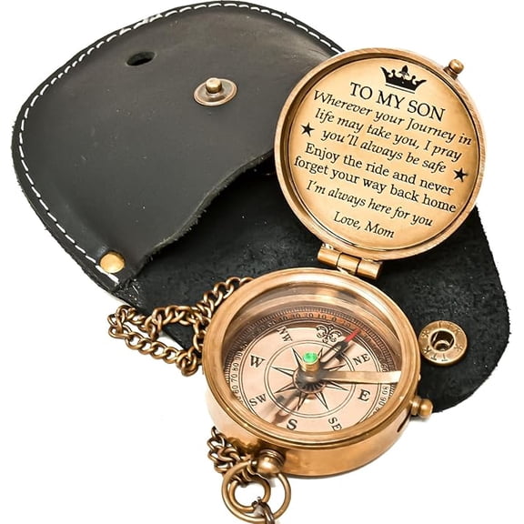 Brass Compass with Engraved Leather Case - Personalized Ideal Graduation & Birthday Gift for Son - Inspirational Scripture Quote, Functional Direction Compass