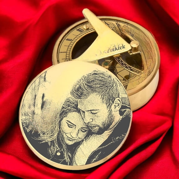 Brass Compass with Engraved Photo Luxury Sundial with Personalized Picture Gorgeous Design with Leather Case Included Perfect for Wedding, Anniversary, Birthday, Special Occasions
