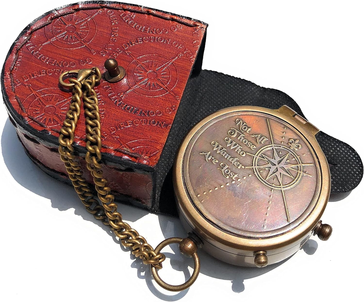 Brass Compass with Engraving - Not All Who Wander are Lost - Personalized Gift for Adventurers - Includes Leather Case - Ideal for Camping and Nautical Enthusiasts