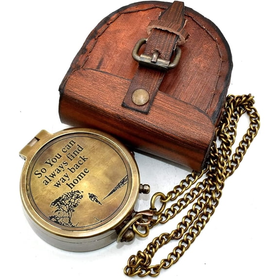 Brass Compass Handmade Vintage Engraved Military Navigation & Survival for Hiking Camping Gods Baptism, Graduation Confirmation Gift Boy Son Men with Leather Case
