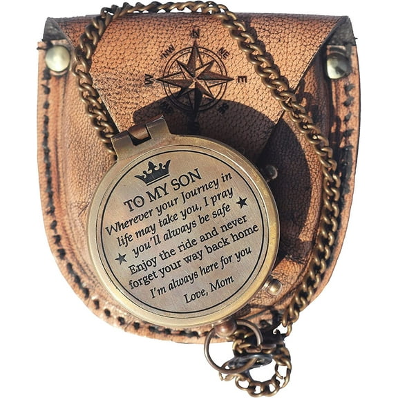 Brass Compass with Leather Case Mom to Son Compass – to My Son Love Mom – Engraved Compass Mother to Son Gifts - Graduation Day Gifts for Son, Brown Antique, 2 Inch