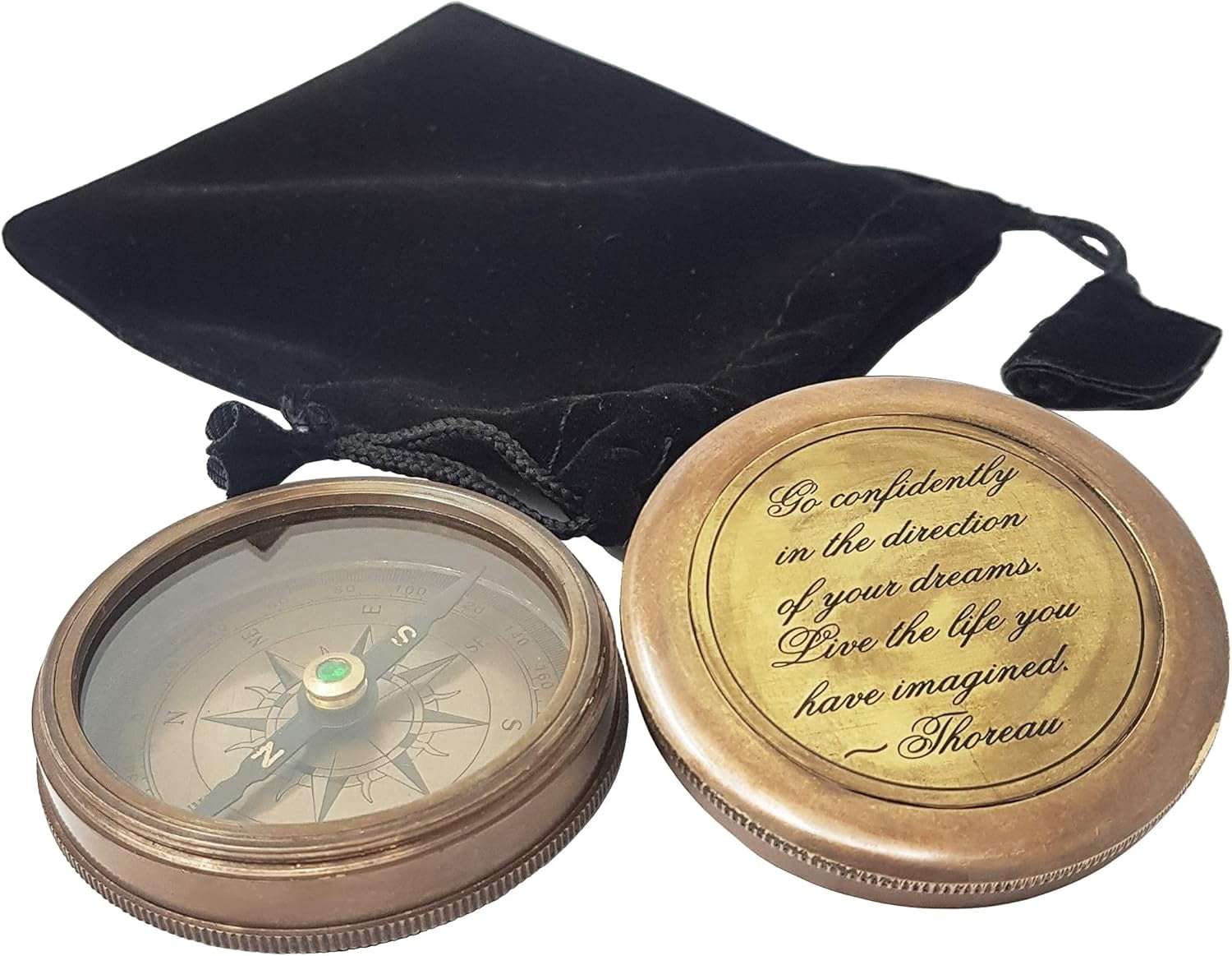 Brass Compass in Antique Finish, with HD Thoreau's Motivational Quote Go Confidently in The Direction with Case