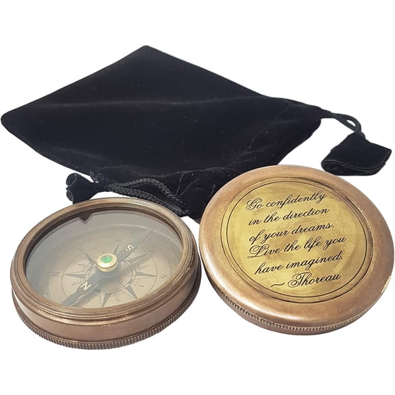 Brass Compass in Antique Finish, with HD Thoreau's Motivational Quote Go Confidently in The Direction with Case