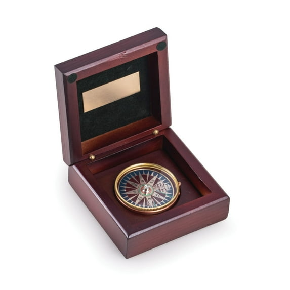 Brass Compass in Mahogany Wood Hinged Box.