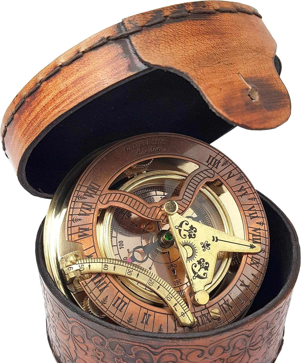 Brass Compass with Leather Case Antique Style Maritime Vintage Sundial Compass