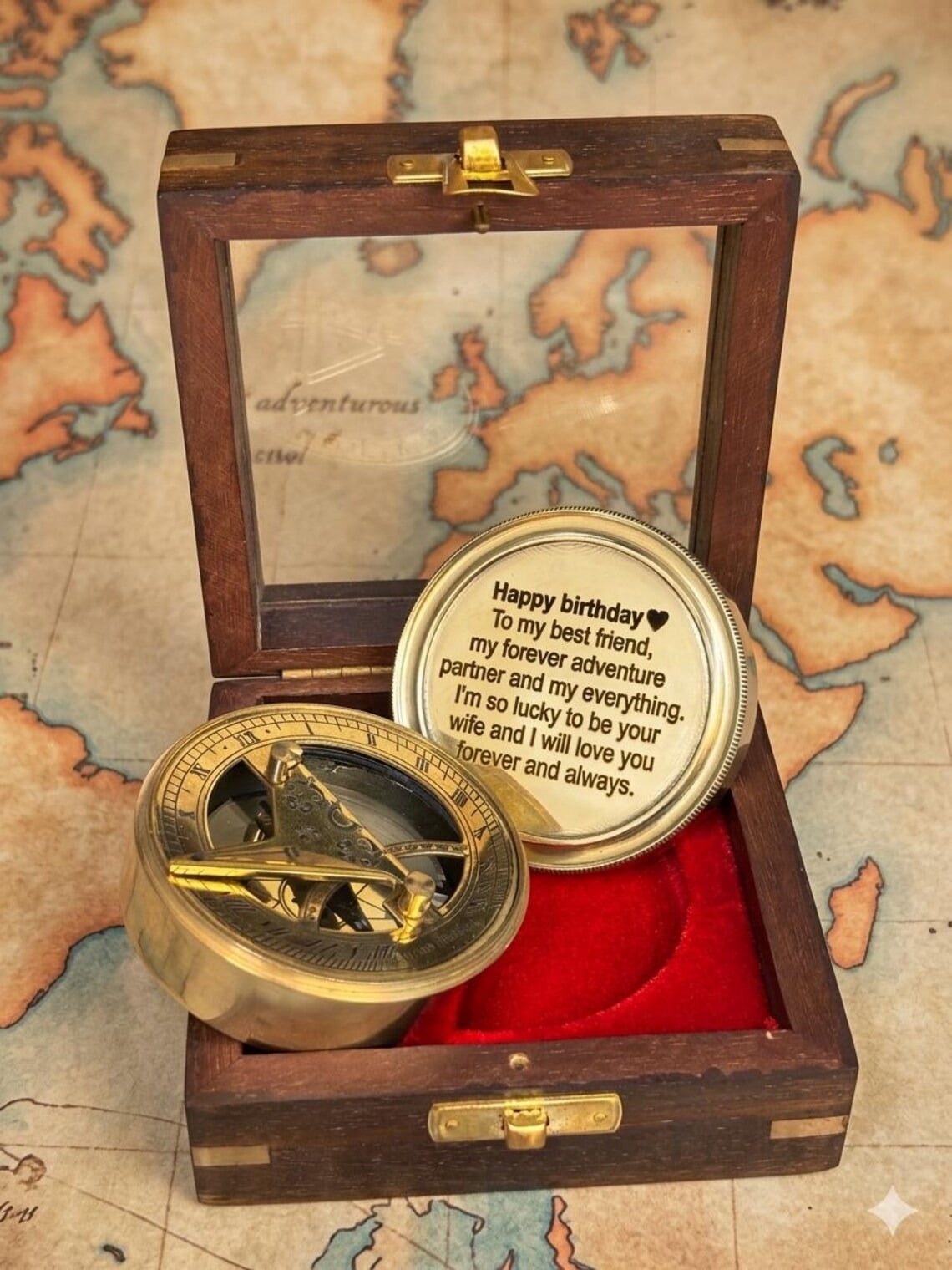Brass Compass with Wooden Box Engraved Compass Personalized Gift for Husband Boyfriend | Nautical Decor Birthday Anniversary Gift