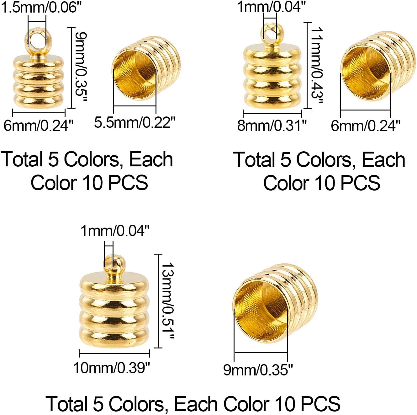 Brass Cord Ends Mixed color 9~13x6~10mm 150pcs/box