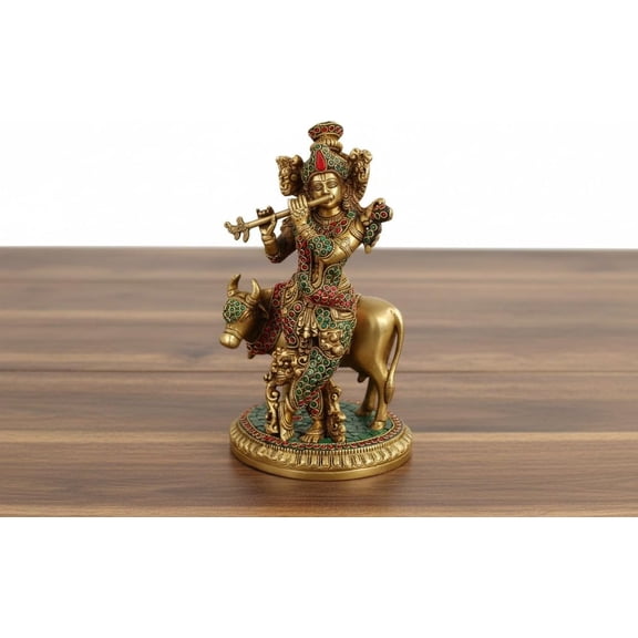 Brass Cow Krishna Statue with Stone Work  10" Big Size