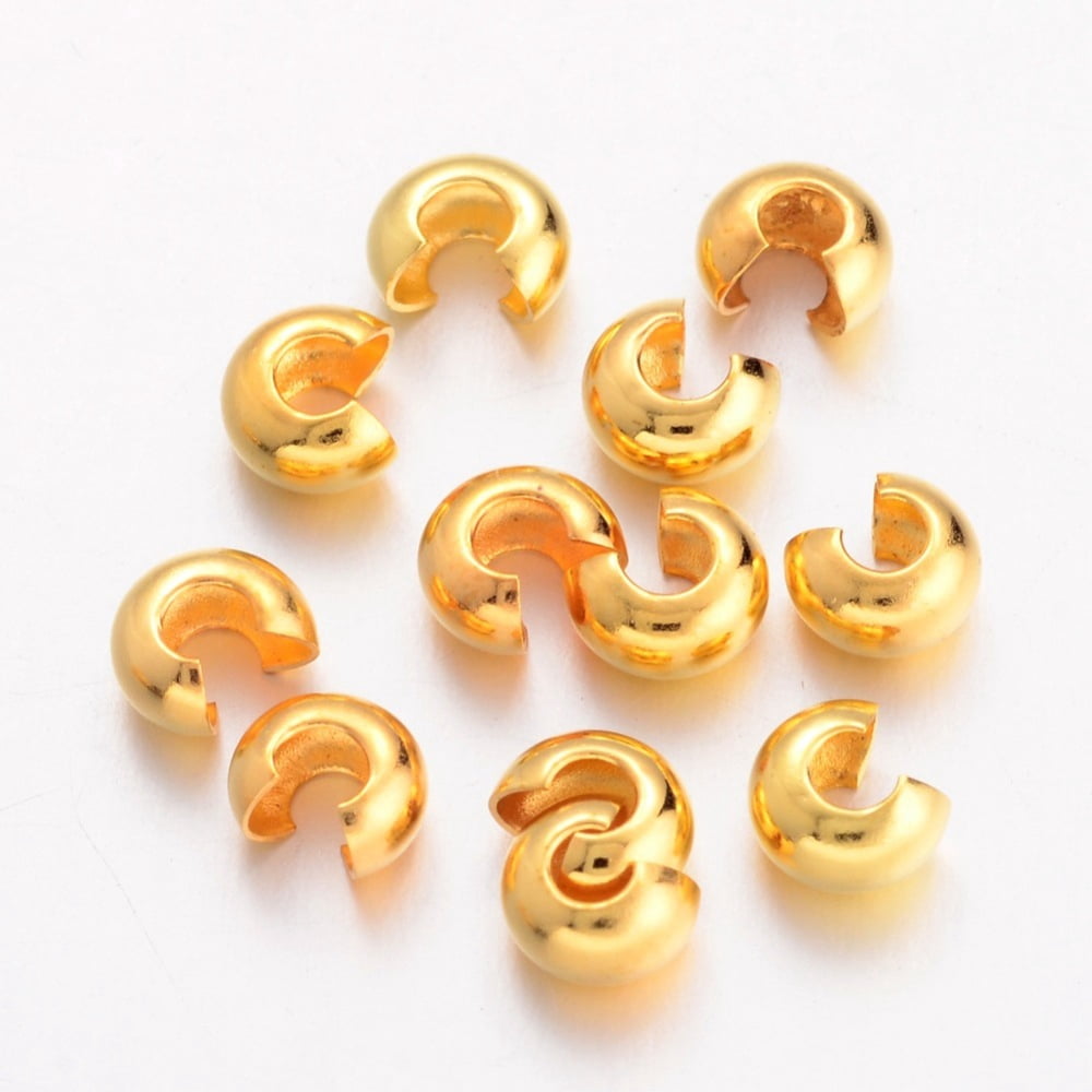 Brass Crimp Beads Covers Round Golden About 4mm In Diameter 3mm Thick Hole: 1.5mm