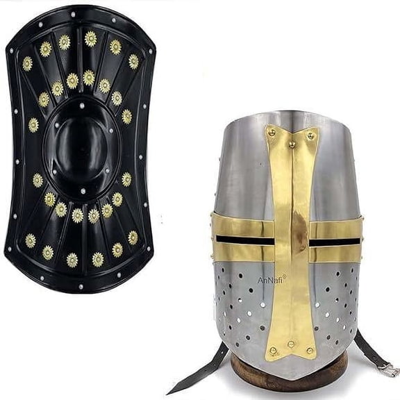 Brass Crusader Helmet | Medieval Metal Knight Helmets & Medieval Barbarian Armor Templar Viking 18 Iron Shield