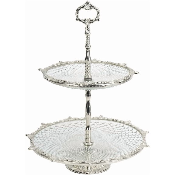 Brass & Crystal Glass 2-Tier Serving Tray Stand Silver Nickel Finish, Elegant Tiered Dessert , 14 x 10.5 Inch Display Tray for Parties & Entertaining