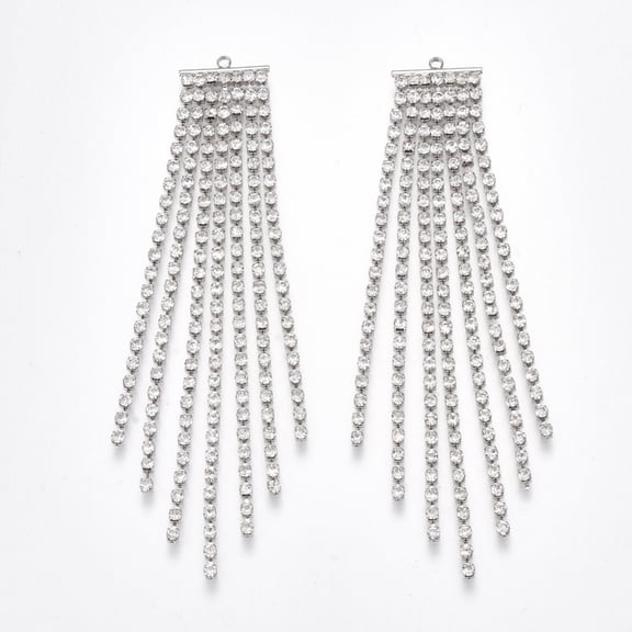 Brass Cubic Zirconia Big Chain Tassel Pendants Clear Real Platinum Plated 90x14.5x2mm Hole: 1.4mm