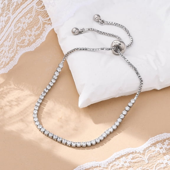 Brass Cubic Zirconia Bolo Tennis Bracelets Slider Bracelets Square Clear Clear Platinum 3.2~7.3cm 1.5mm 3pc