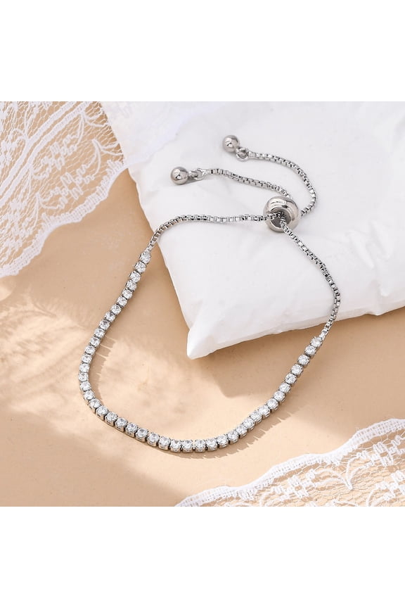 Brass Cubic Zirconia Bolo Tennis Bracelets Slider Bracelets Square Clear Clear Platinum 3.2~7.3cm 1.5mm 3pc