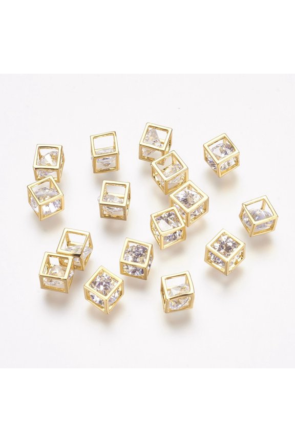 Brass Cubic Zirconia Charms Cube Real 18K Gold Plated 4.5x4.5x4.5mm